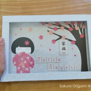 Quadrinho Kokeshi, Árvore de Sakura e Kanji - tons de rosa